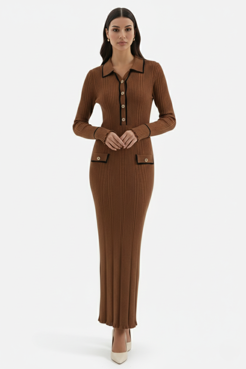 Womens Knitted Polo Maxi Dress Long Sleeve Contrast Trim