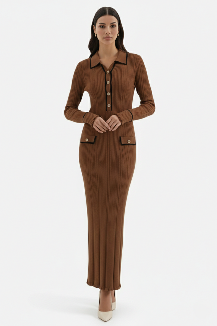 Womens Knitted Polo Maxi Dress Long Sleeve Contrast Trim