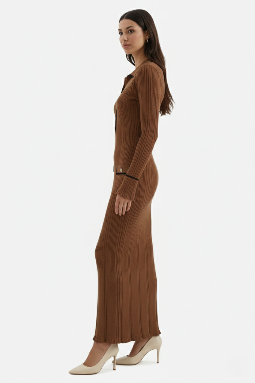 Womens Knitted Polo Maxi Dress Long Sleeve Contrast Trim