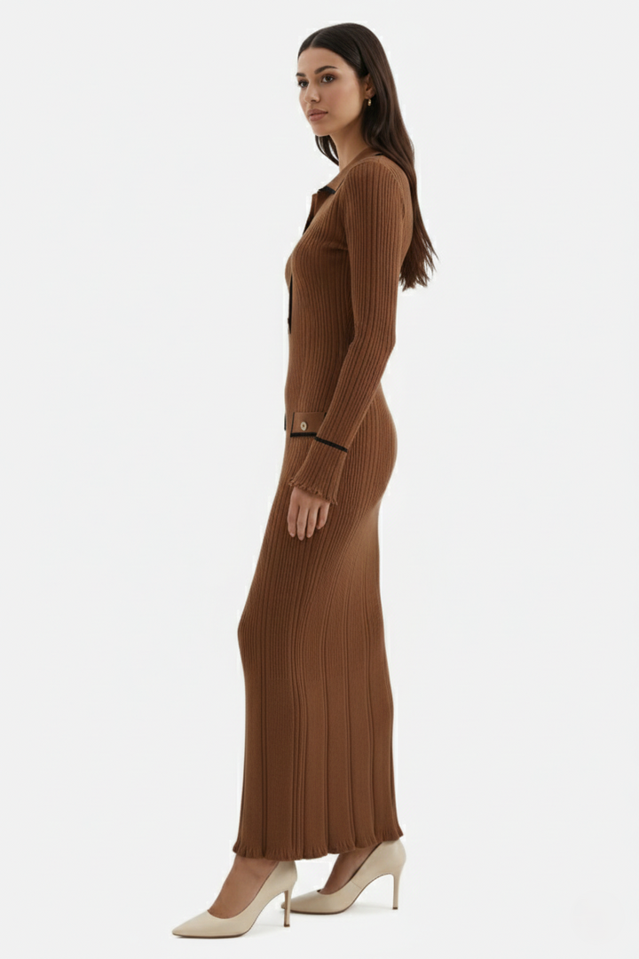 Womens Knitted Polo Maxi Dress Long Sleeve Contrast Trim