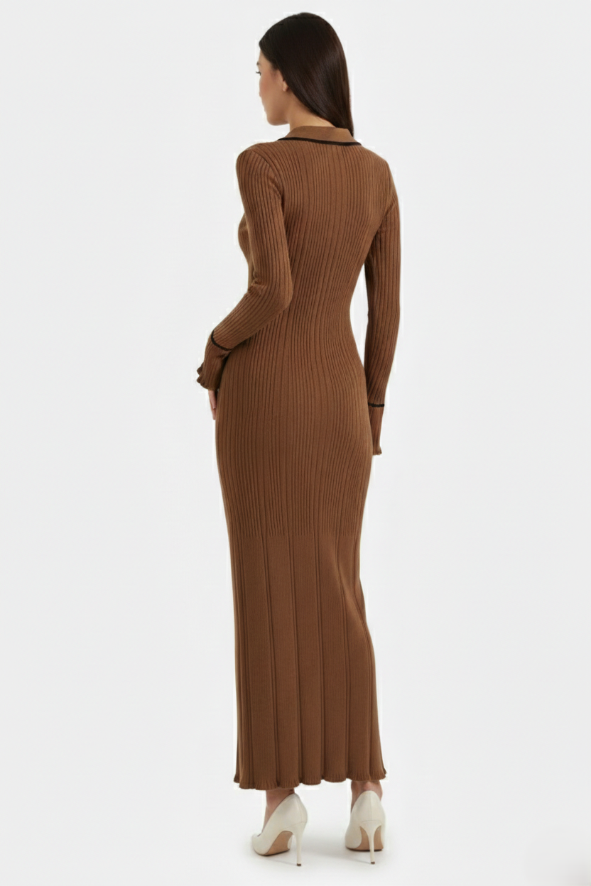 Womens Knitted Polo Maxi Dress Long Sleeve Contrast Trim