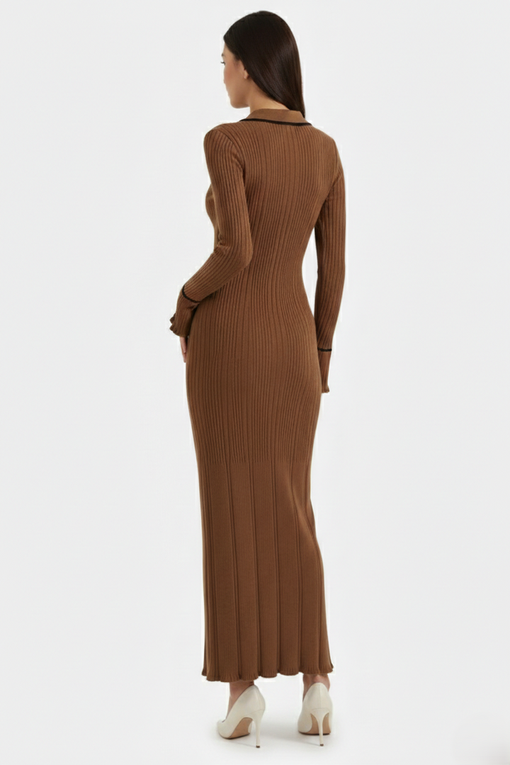 Womens Knitted Polo Maxi Dress Long Sleeve Contrast Trim