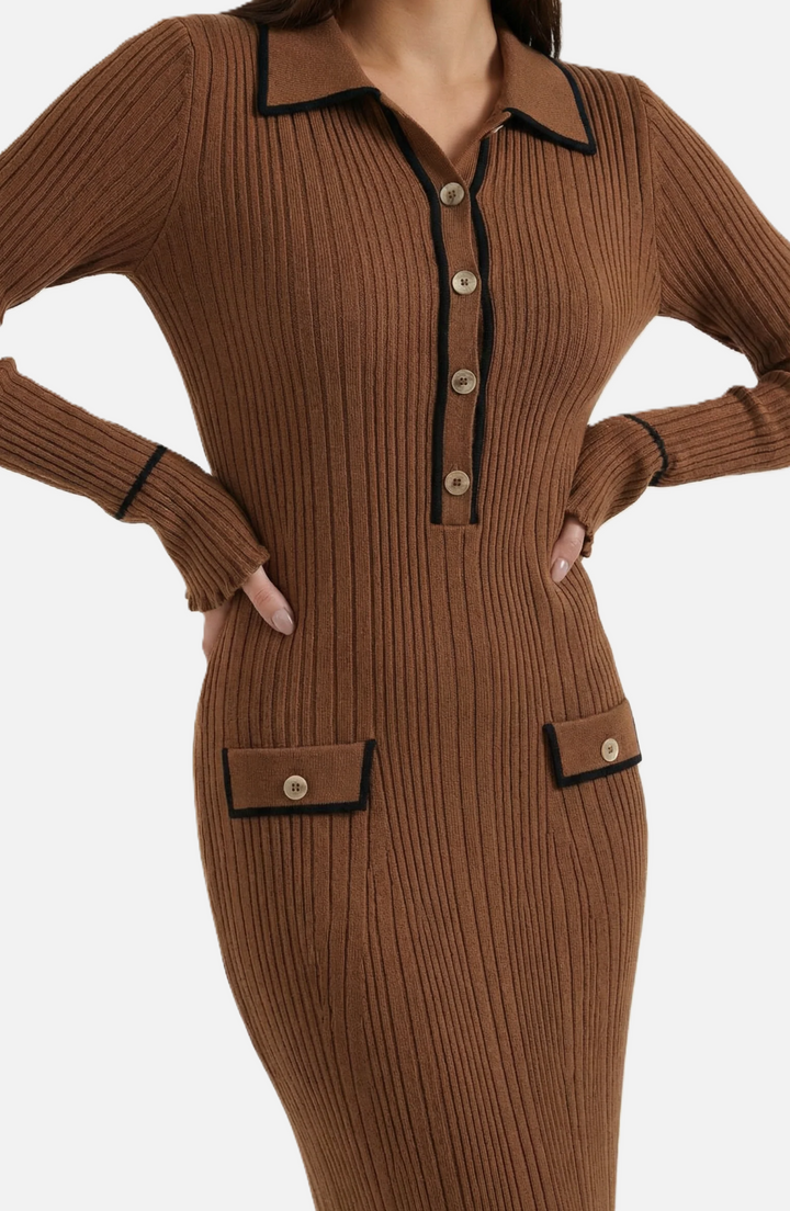 Womens Knitted Polo Maxi Dress Long Sleeve Contrast Trim