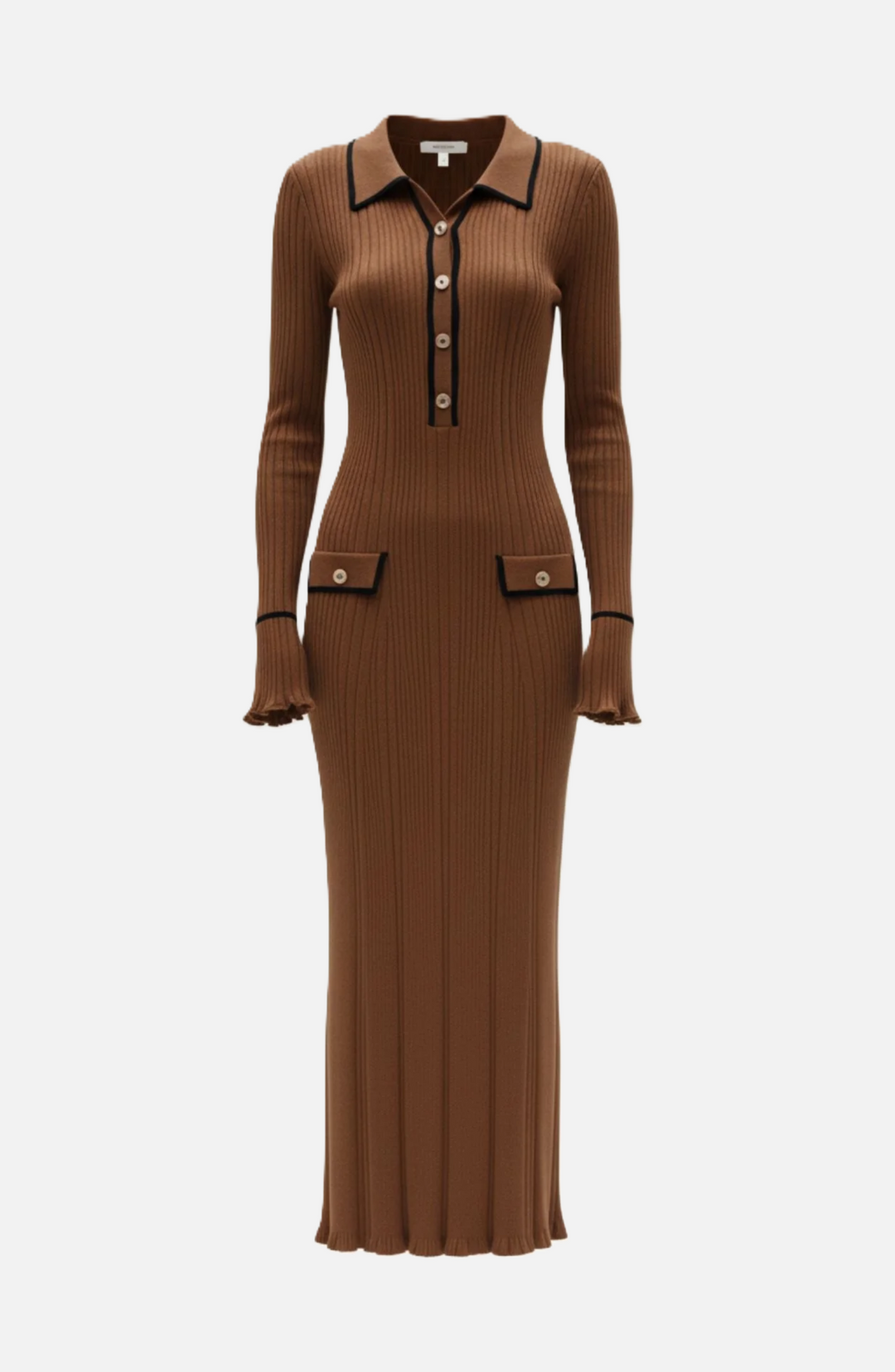 Womens Knitted Polo Maxi Dress Long Sleeve Contrast Trim