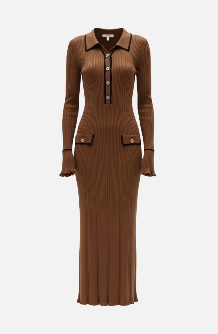 Womens Knitted Polo Maxi Dress Long Sleeve Contrast Trim