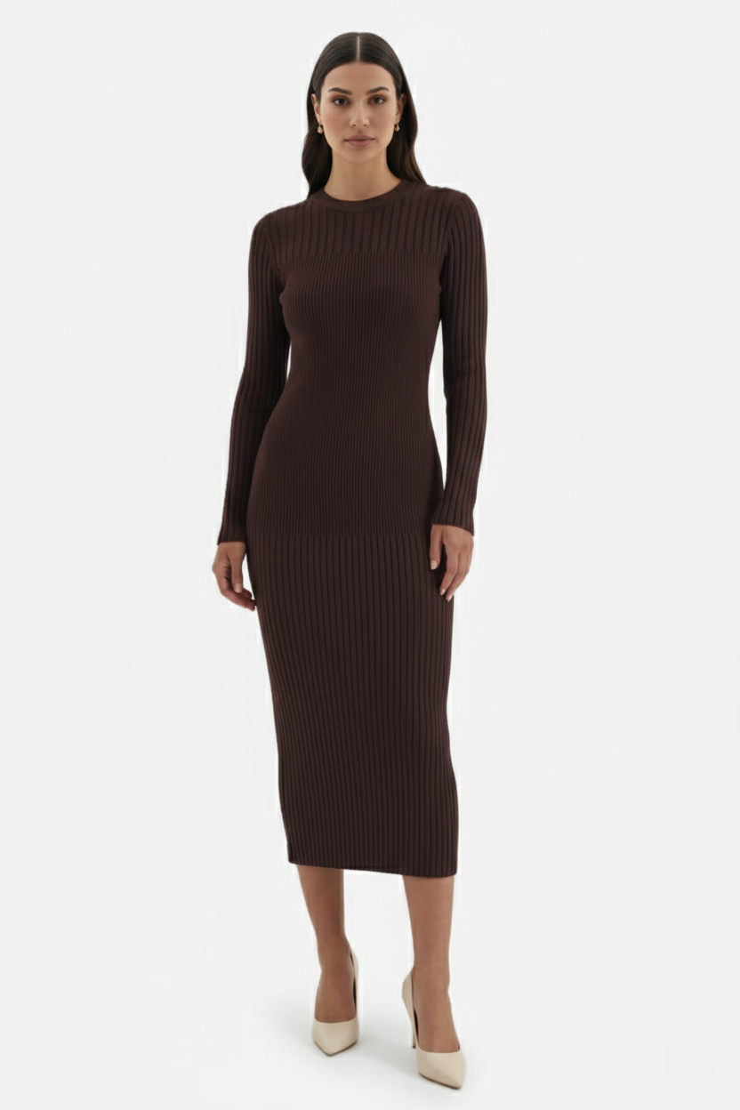 Womens Bodycon Midi Dress Ribbed Knit Long Sleeve Crew Neck