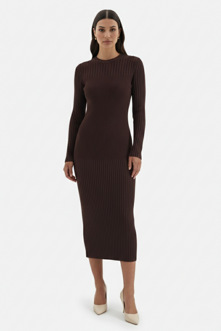 Womens Bodycon Midi Dress Ribbed Knit Long Sleeve Crew Neck