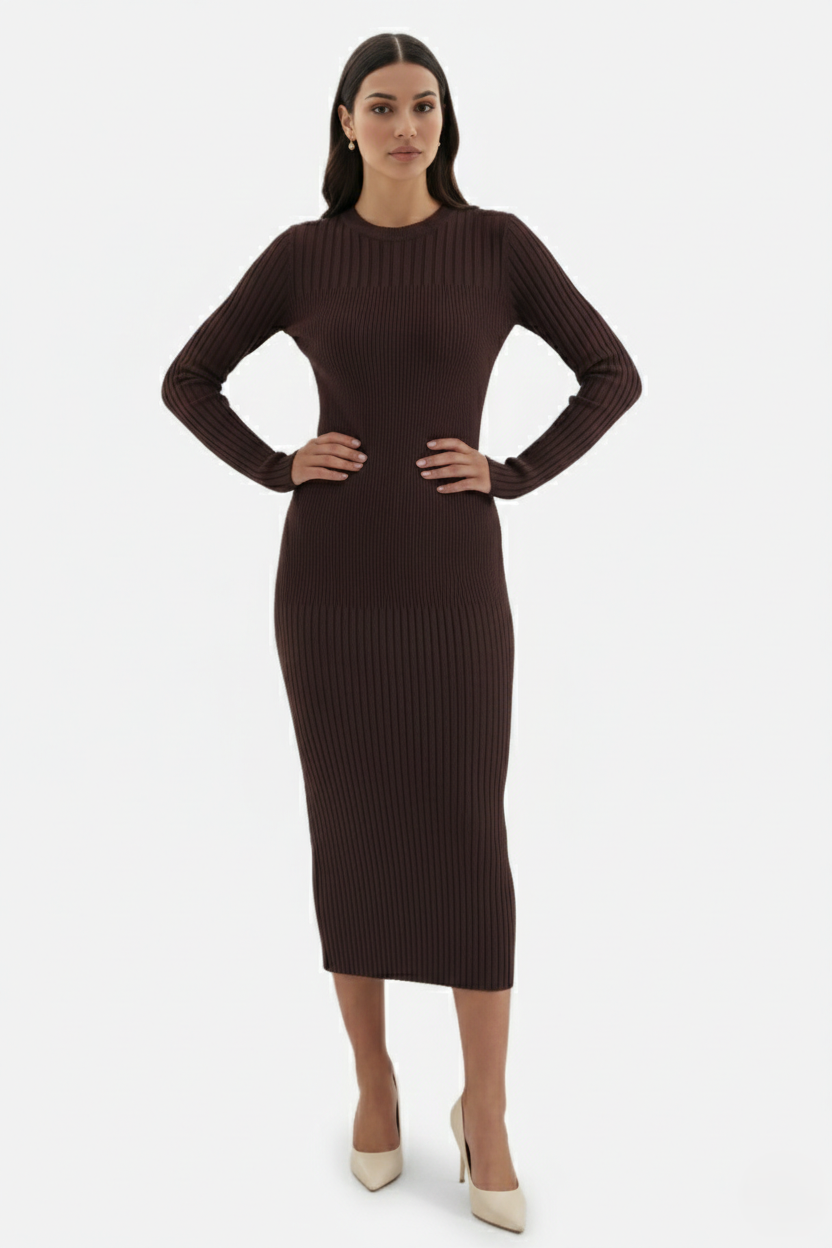 Womens Bodycon Midi Dress Ribbed Knit Long Sleeve Crew Neck