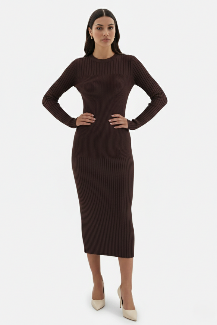Womens Bodycon Midi Dress Ribbed Knit Long Sleeve Crew Neck