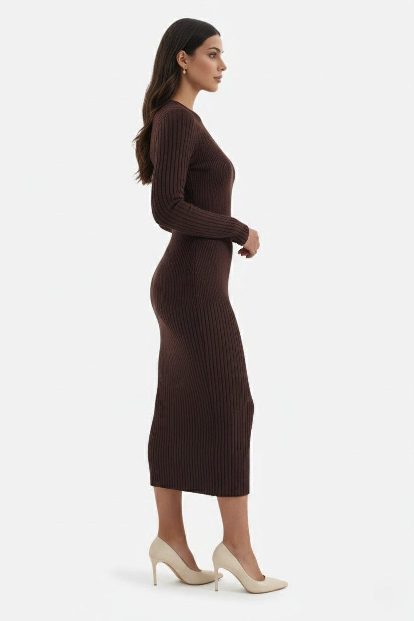 Womens Bodycon Midi Dress Ribbed Knit Long Sleeve Crew Neck
