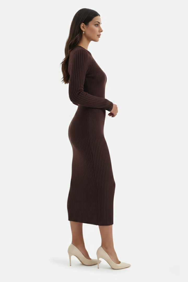 Womens Bodycon Midi Dress Ribbed Knit Long Sleeve Crew Neck