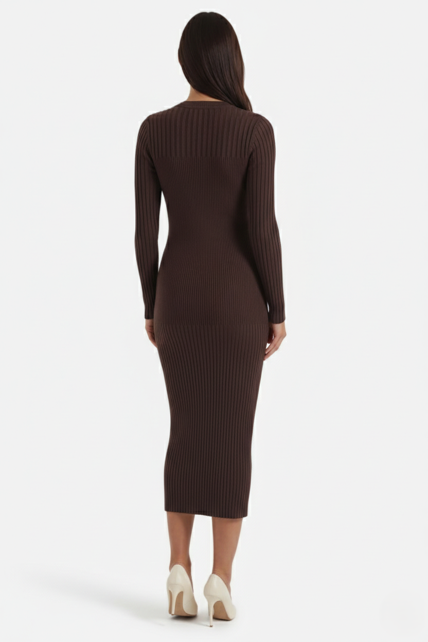 Womens Bodycon Midi Dress Ribbed Knit Long Sleeve Crew Neck