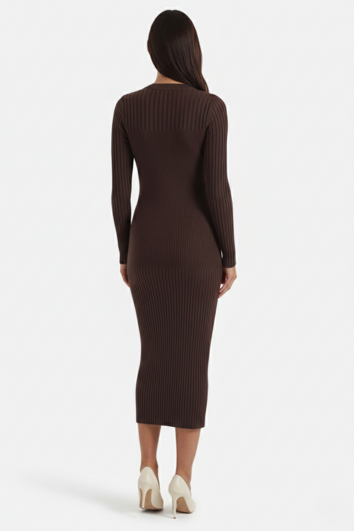 Womens Bodycon Midi Dress Ribbed Knit Long Sleeve Crew Neck