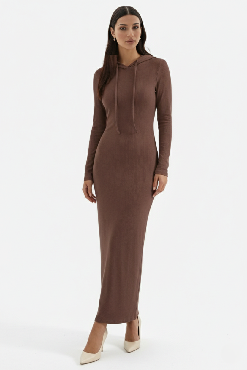 Womens Hooded Bodycon Maxi Dress Long Sleeve Casual