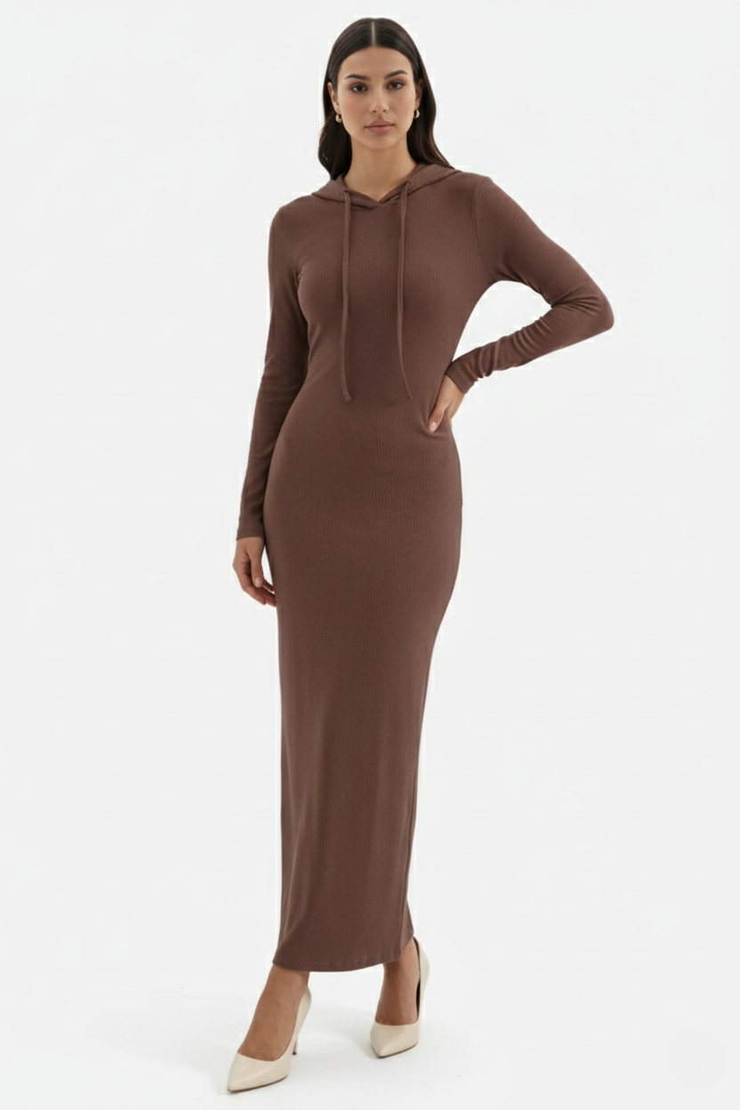 Womens Hooded Bodycon Maxi Dress Long Sleeve Casual