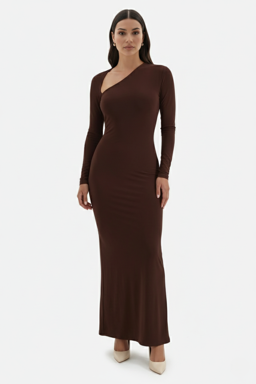 Womens Bodycon Maxi Dress with Asymmetric Cutout Long Sleeve