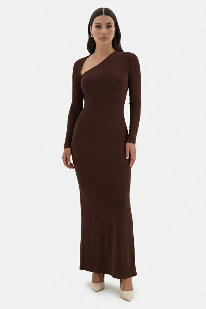 Womens Bodycon Maxi Dress with Asymmetric Cutout Long Sleeve
