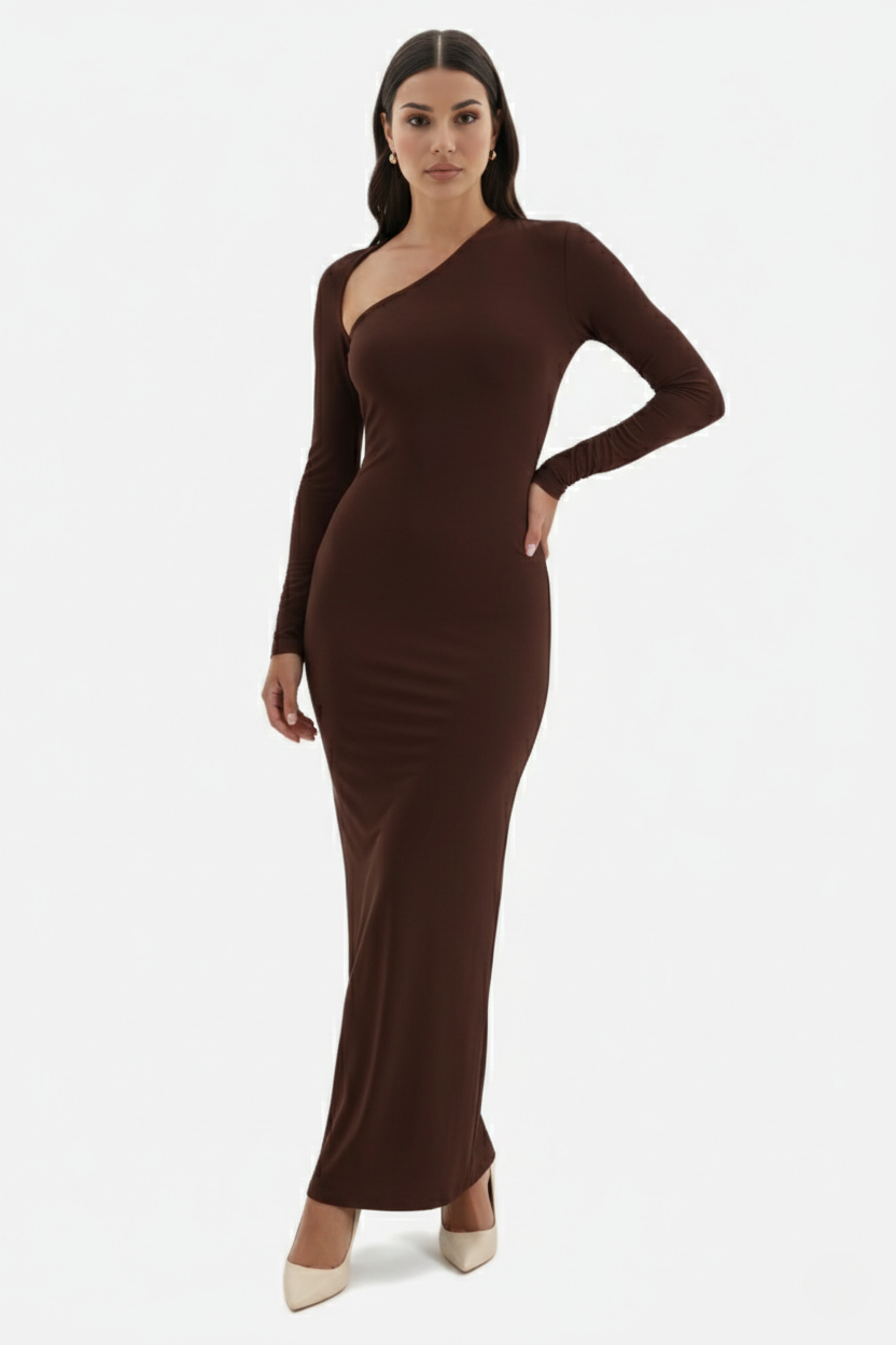 Womens Bodycon Maxi Dress with Asymmetric Cutout Long Sleeve