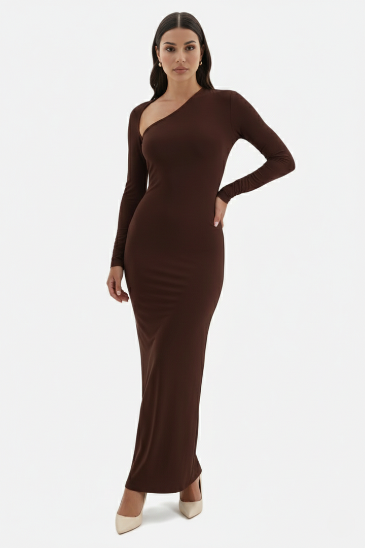 Womens Bodycon Maxi Dress with Asymmetric Cutout Long Sleeve