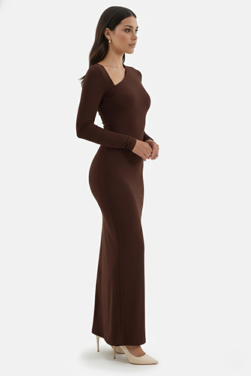 Womens Bodycon Maxi Dress with Asymmetric Cutout Long Sleeve