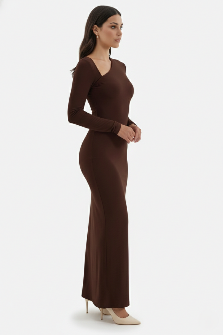 Womens Bodycon Maxi Dress with Asymmetric Cutout Long Sleeve