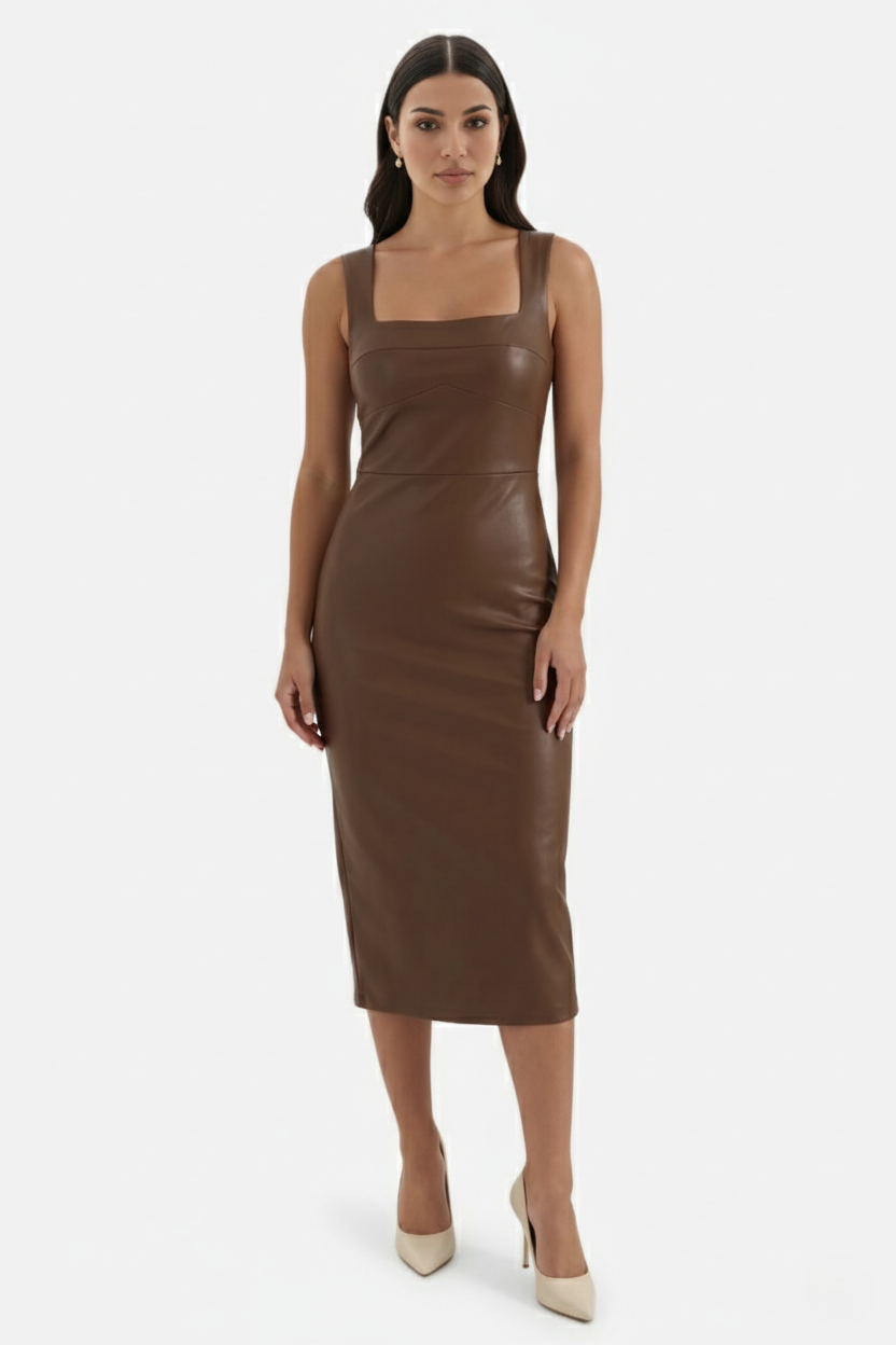 Womens Faux Leather Midi Dress Sleeveless Square Neck