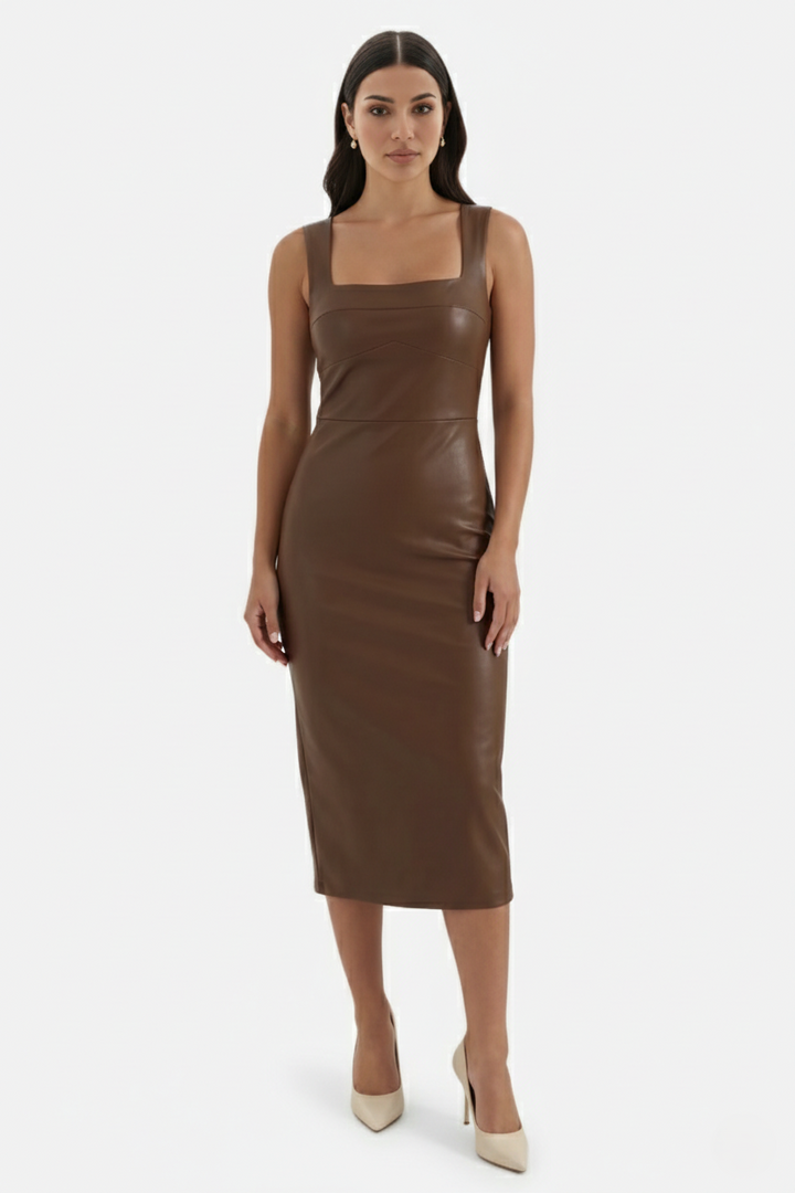 Womens Faux Leather Midi Dress Sleeveless Square Neck
