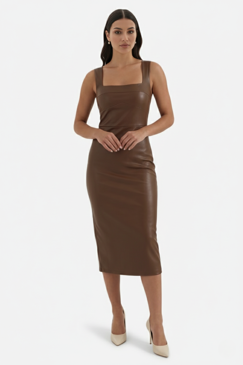 Womens Faux Leather Midi Dress Sleeveless Square Neck