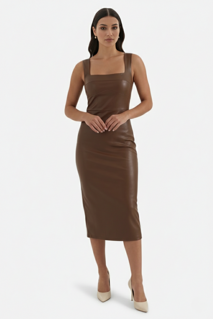Womens Faux Leather Midi Dress Sleeveless Square Neck