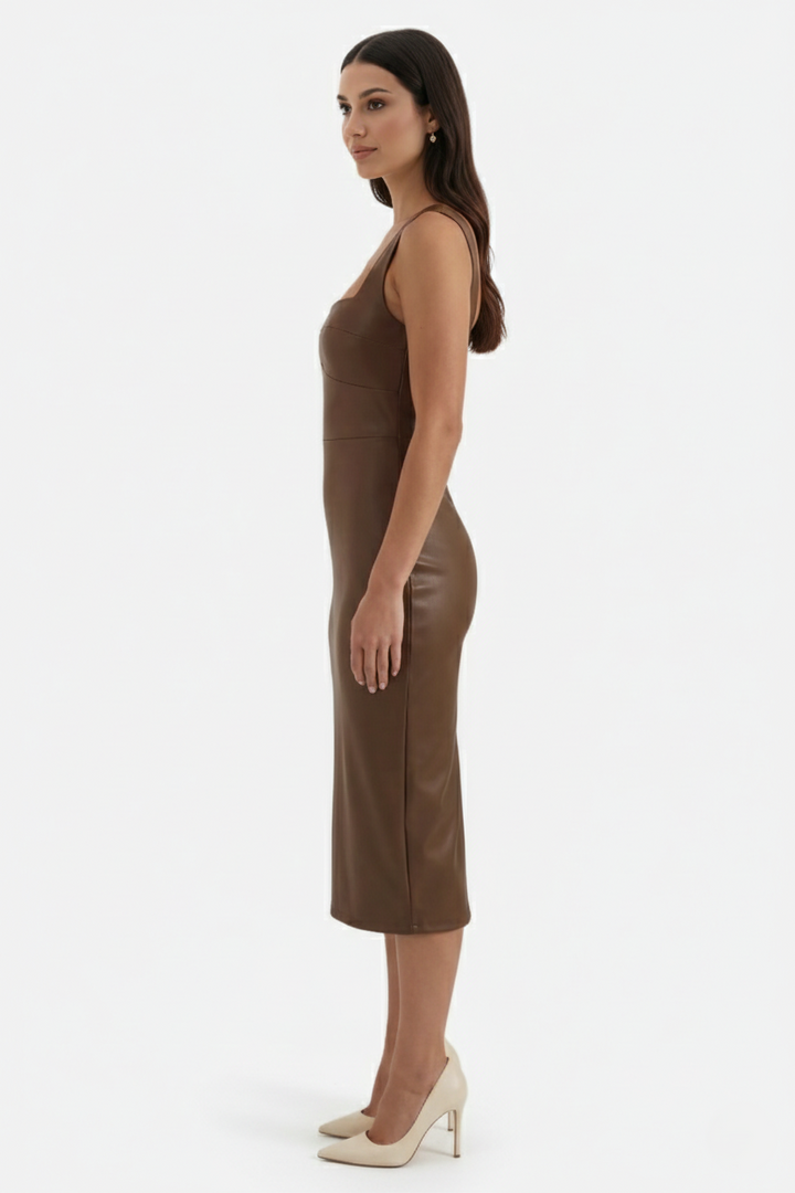 Womens Faux Leather Midi Dress Sleeveless Square Neck