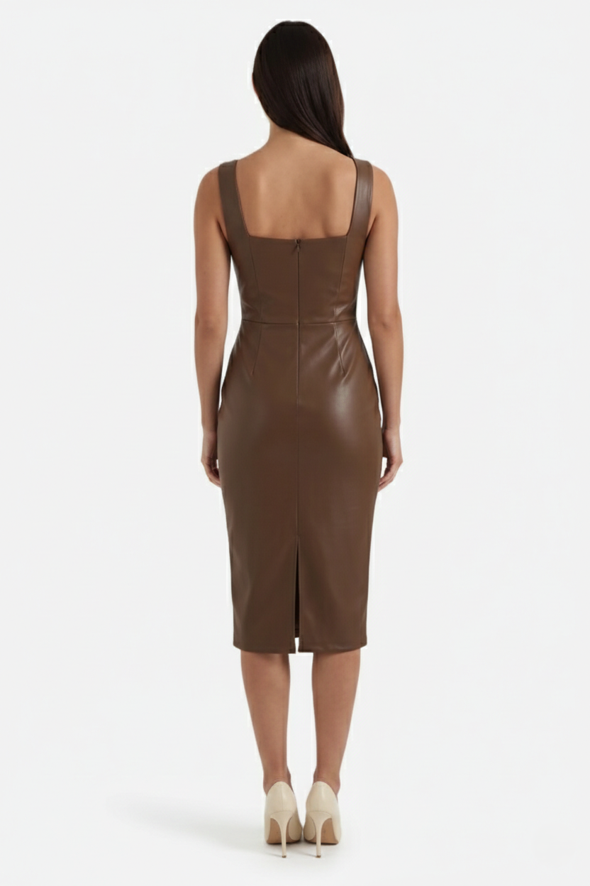 Womens Faux Leather Midi Dress Sleeveless Square Neck