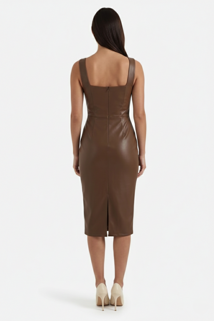 Womens Faux Leather Midi Dress Sleeveless Square Neck