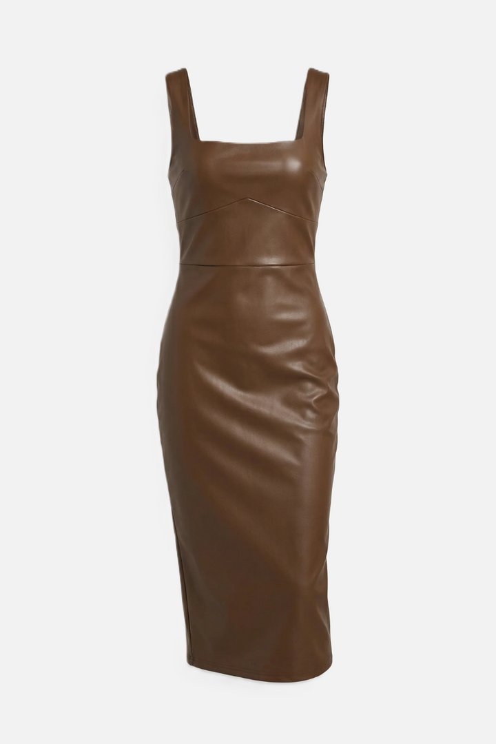 Womens Faux Leather Midi Dress Sleeveless Square Neck