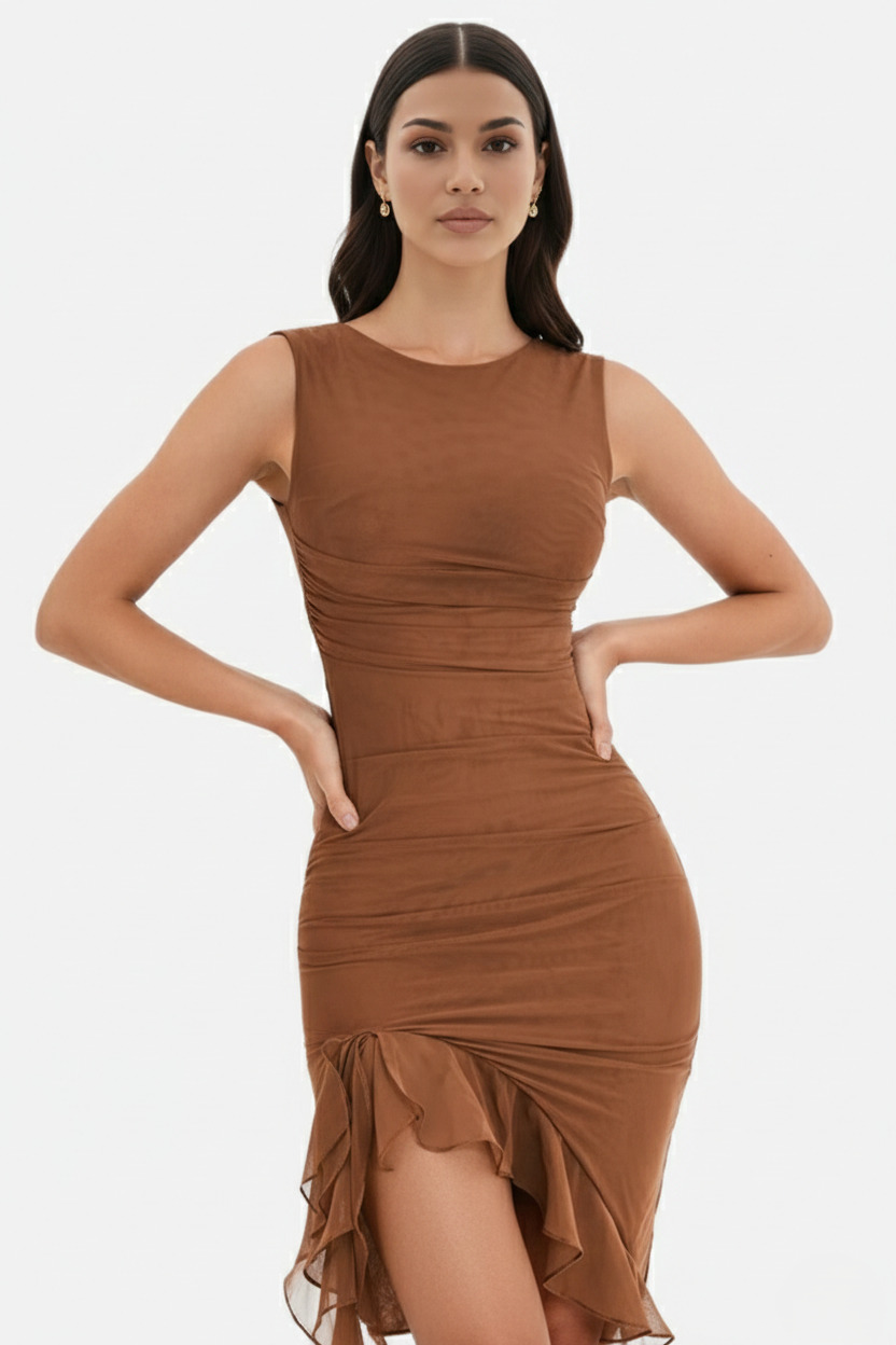 Womens Sleeveless Bodycon Midi Dress Ruched Ruffle Side Slit