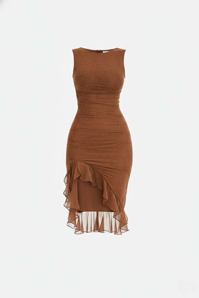 Womens Sleeveless Bodycon Midi Dress Ruched Ruffle Side Slit