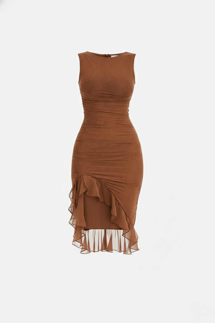 Womens Sleeveless Bodycon Midi Dress Ruched Ruffle Side Slit
