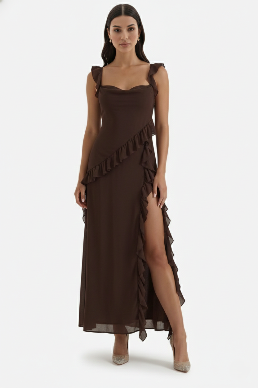 Womens Sleeveless Maxi Dress with Ruffle Trim and Front Slit
