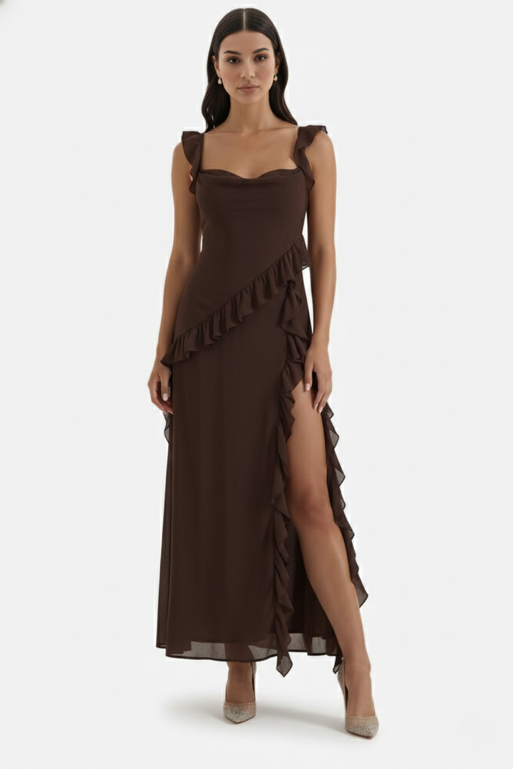 Womens Sleeveless Maxi Dress with Ruffle Trim and Front Slit