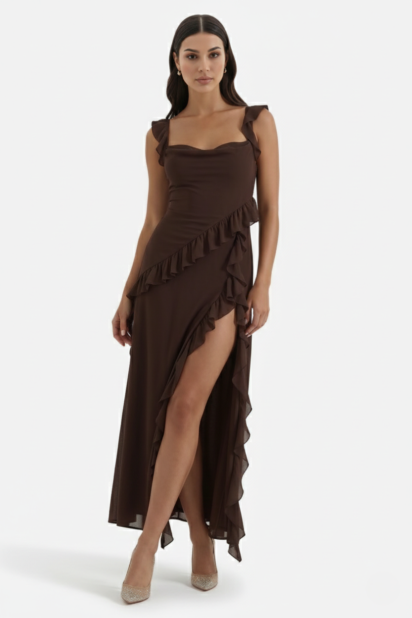 Womens Sleeveless Maxi Dress with Ruffle Trim and Front Slit - Clovrio