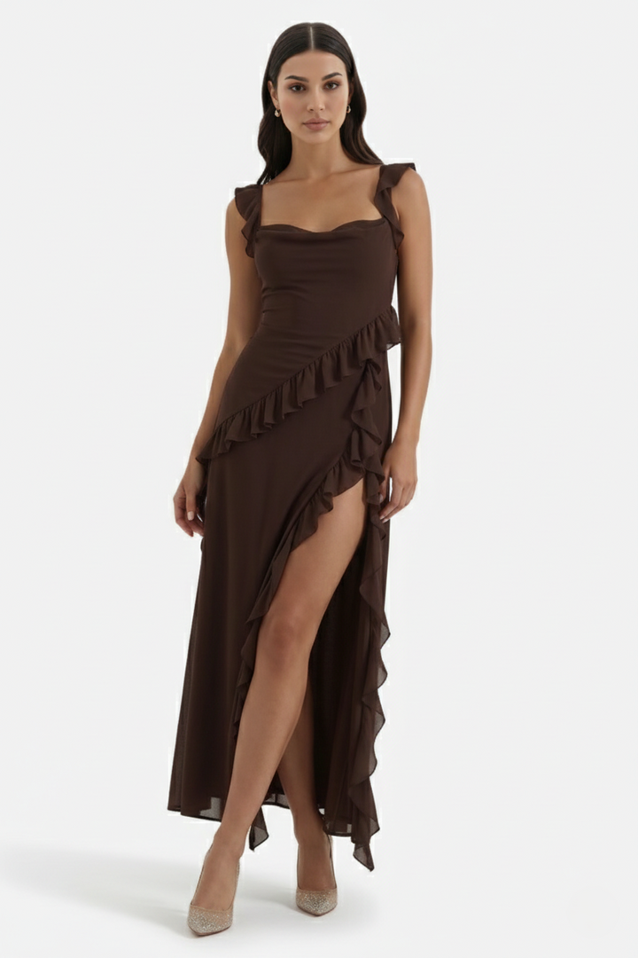 Womens Sleeveless Maxi Dress with Ruffle Trim and Front Slit - Clovrio