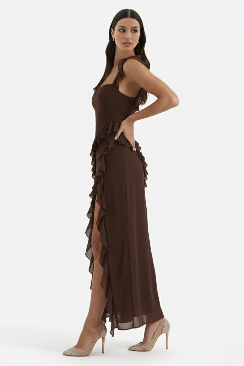 Womens Sleeveless Maxi Dress with Ruffle Trim and Front Slit