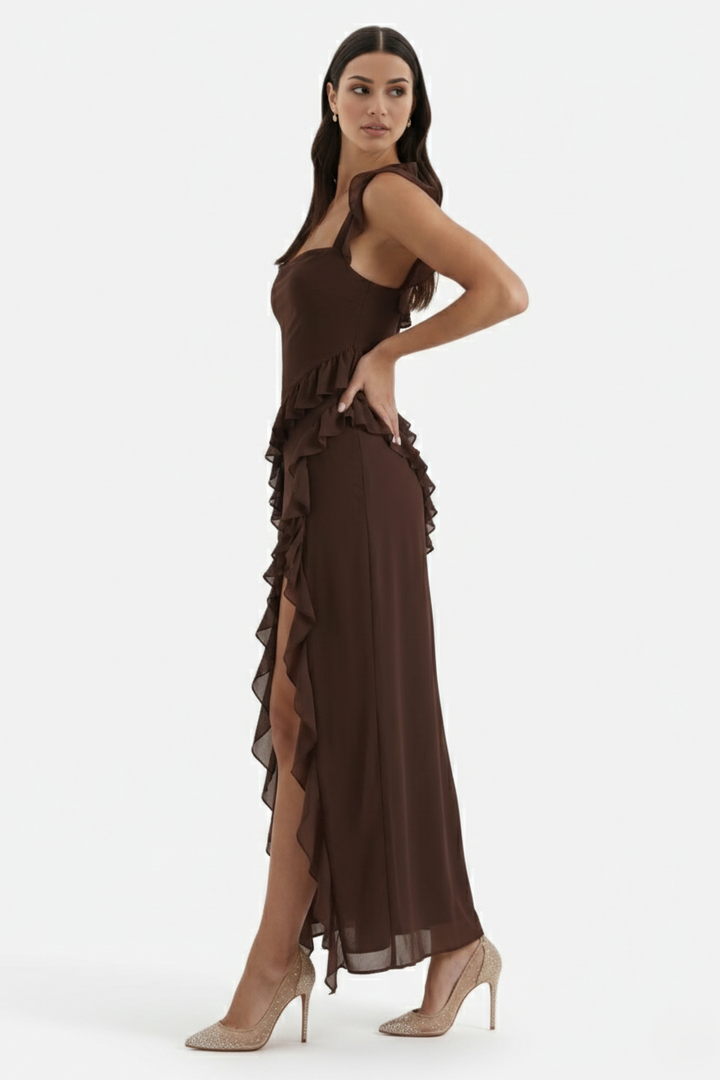 Womens Sleeveless Maxi Dress with Ruffle Trim and Front Slit