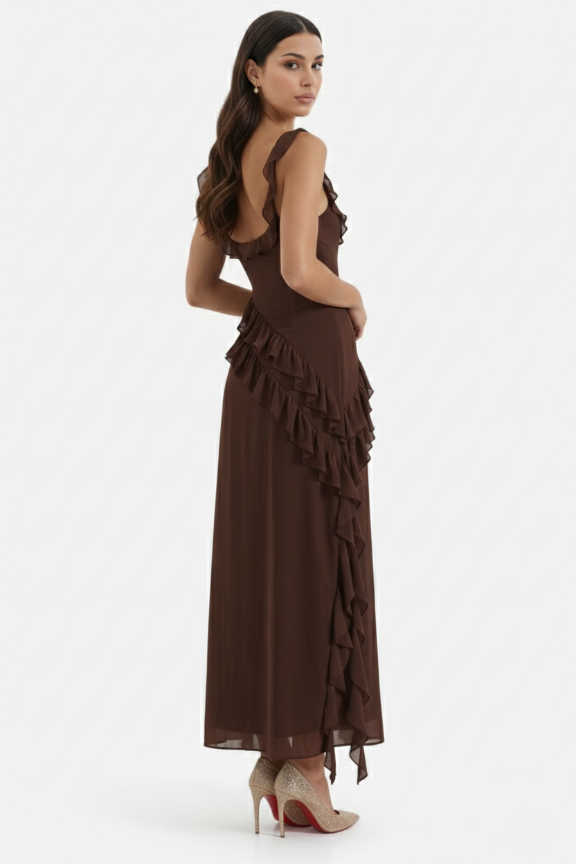 Womens Sleeveless Maxi Dress with Ruffle Trim and Front Slit