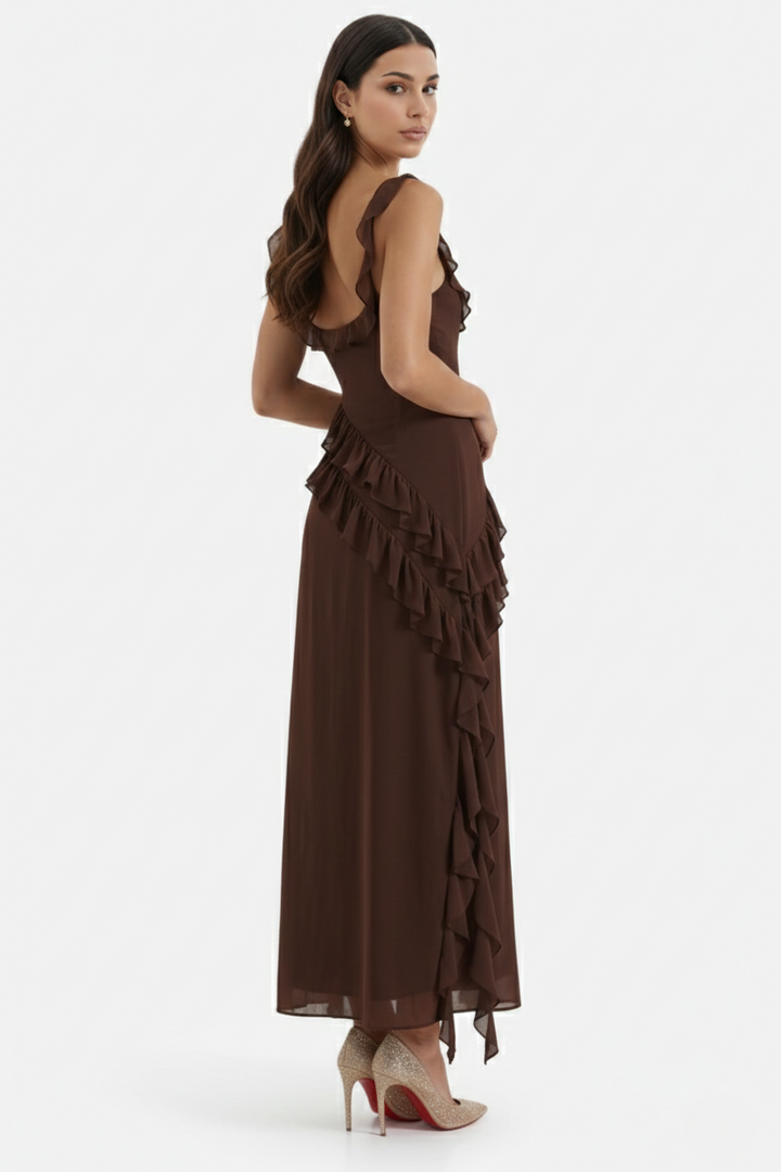 Womens Sleeveless Maxi Dress with Ruffle Trim and Front Slit