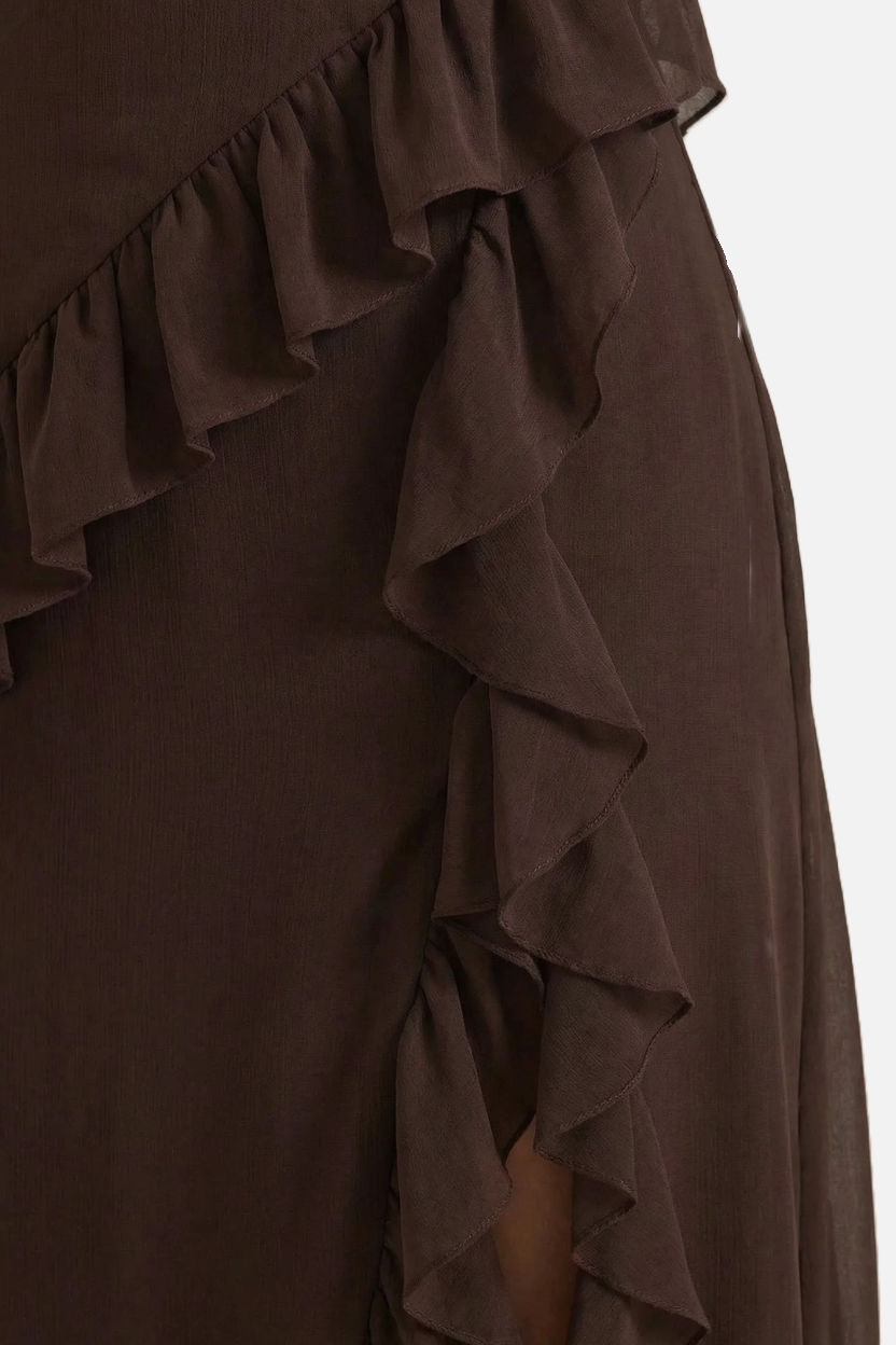 Womens Sleeveless Maxi Dress with Ruffle Trim and Front Slit