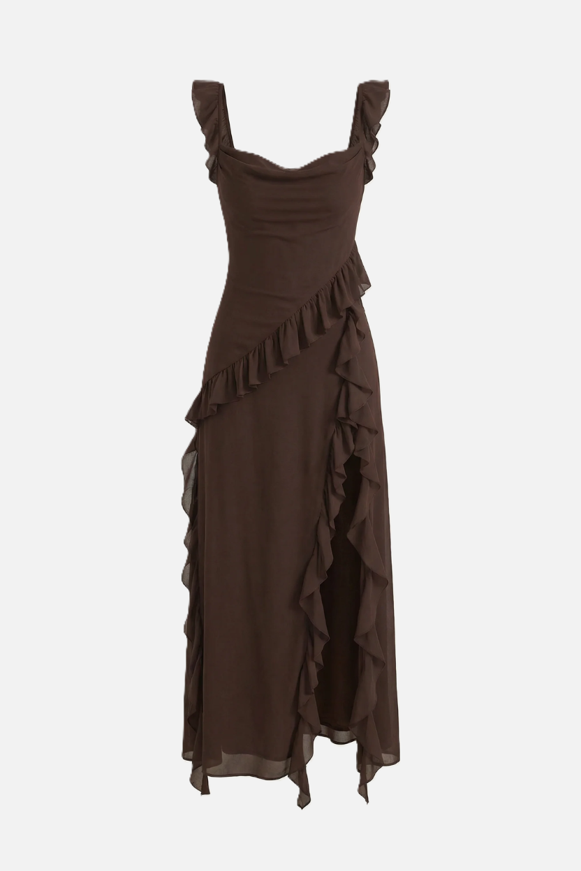 Womens Sleeveless Maxi Dress with Ruffle Trim and Front Slit