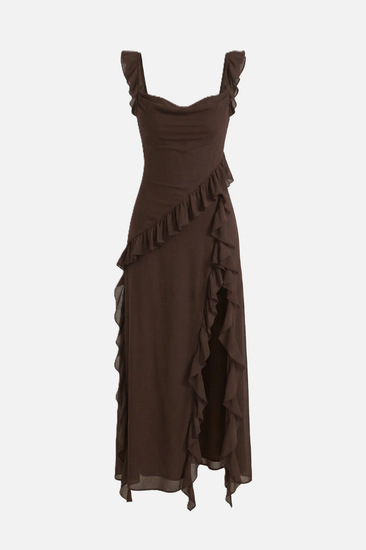 Womens Sleeveless Maxi Dress with Ruffle Trim and Front Slit