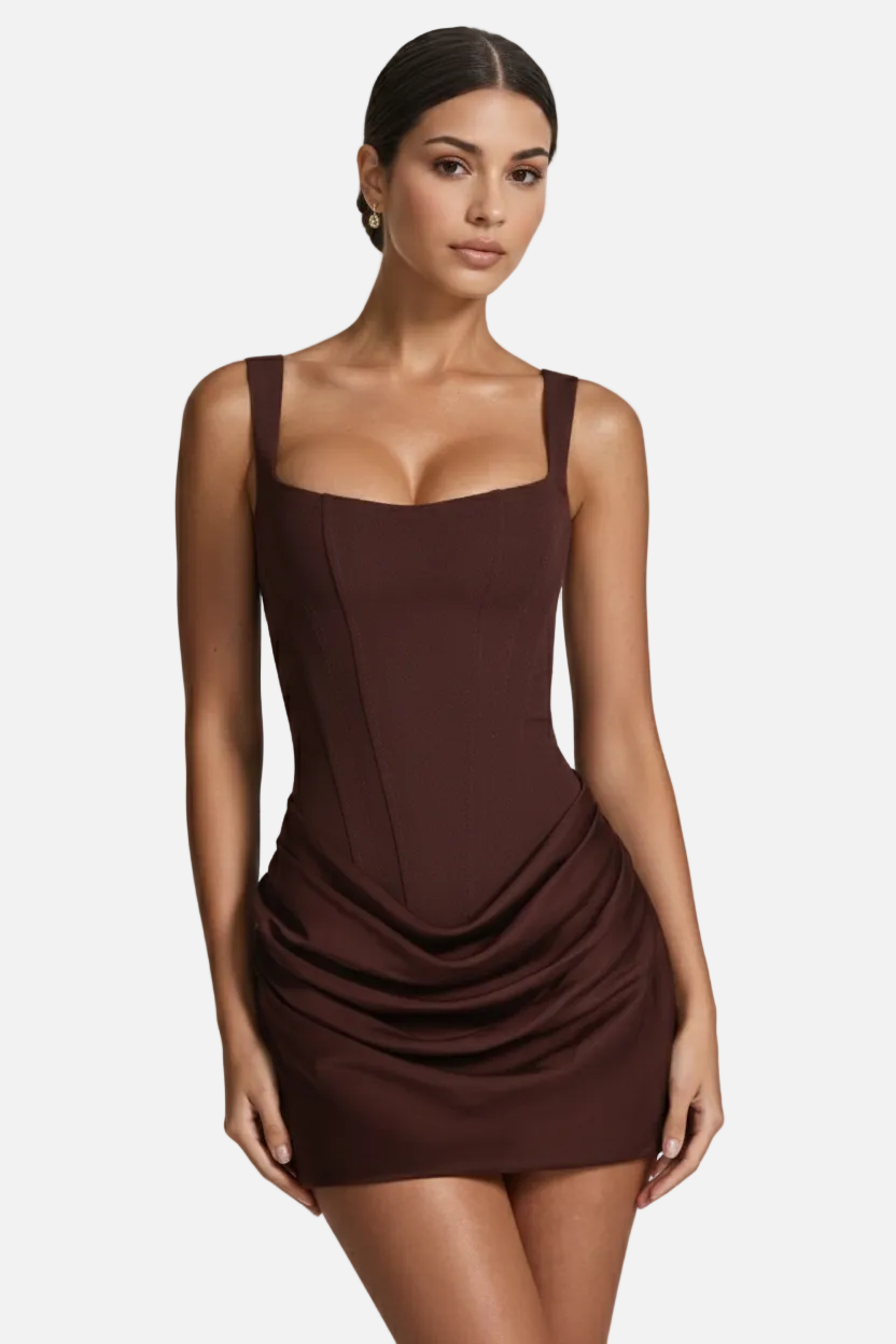 Womens Bodycon Mini Dress Square Neck Ruched Draped Skirt - Clovrio