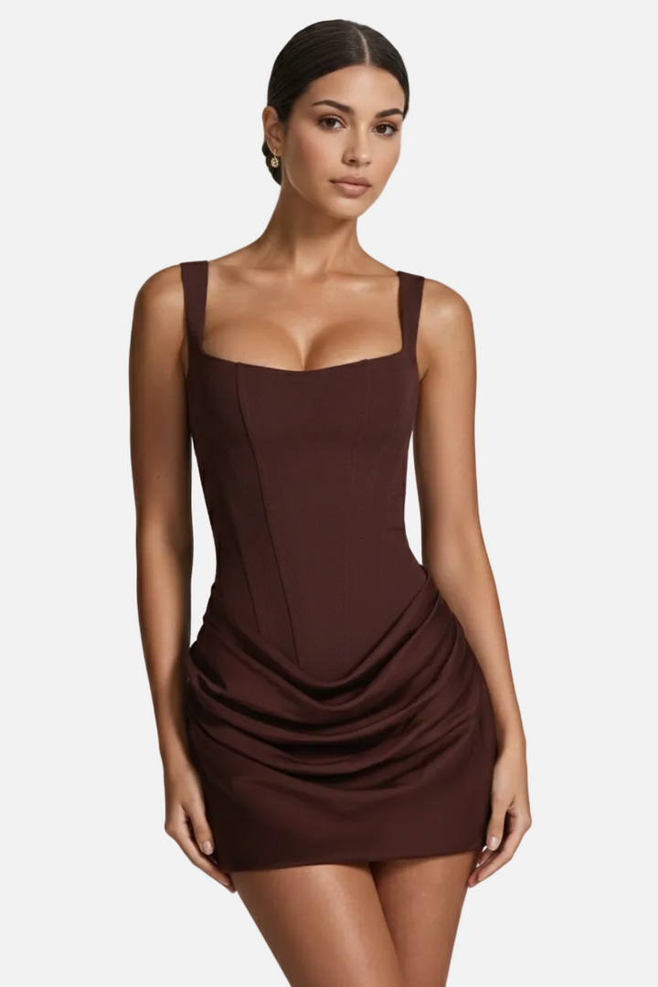 Womens Bodycon Mini Dress Square Neck Ruched Draped Skirt - Clovrio