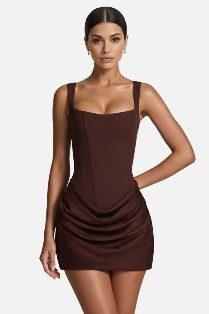 Womens Bodycon Mini Dress Square Neck Ruched Draped Skirt